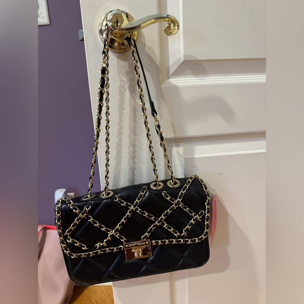 Betsey Johnson Black and Gold Quilted Shoulder Bag with Chain Strap